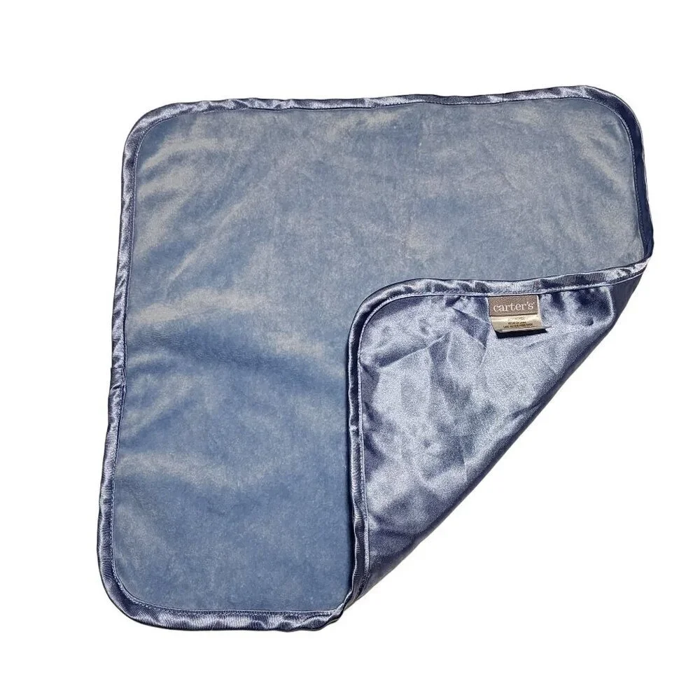 Carter's Plain  Solid blue plush lovey security blanket satin trim reverse
